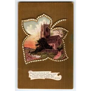 Vintage Embossed Church Scene Postcard with Milton Quote 1910s-1920s